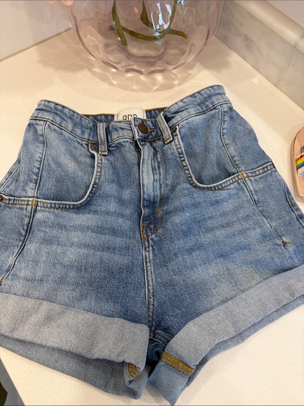 BDG Light Blue High-Rise Rolled-Hem Denim Shorts